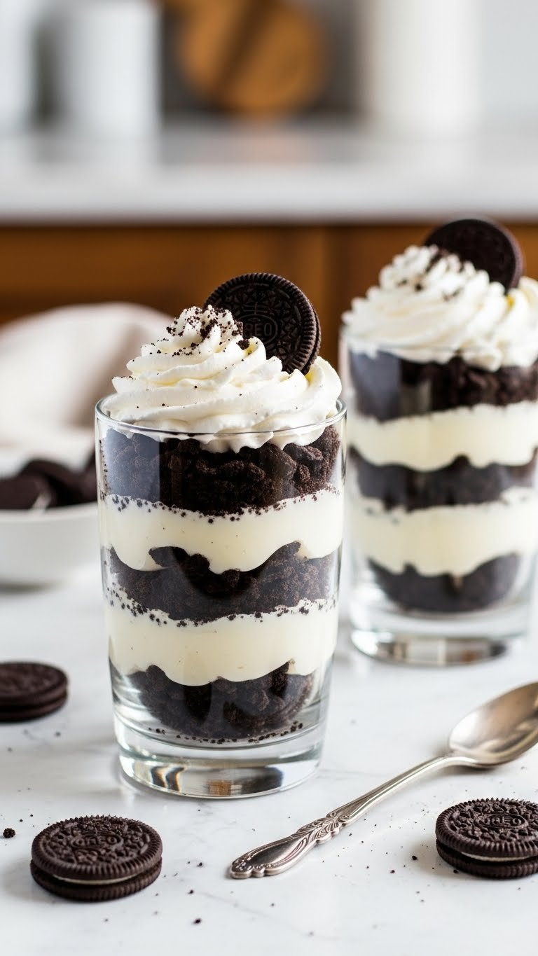 Layered Oreo Pudding Parfaits In Clear Glasses: Crushed Oreos, Vanilla Pudding &Amp; Whipped Cream With Mini Oreos.