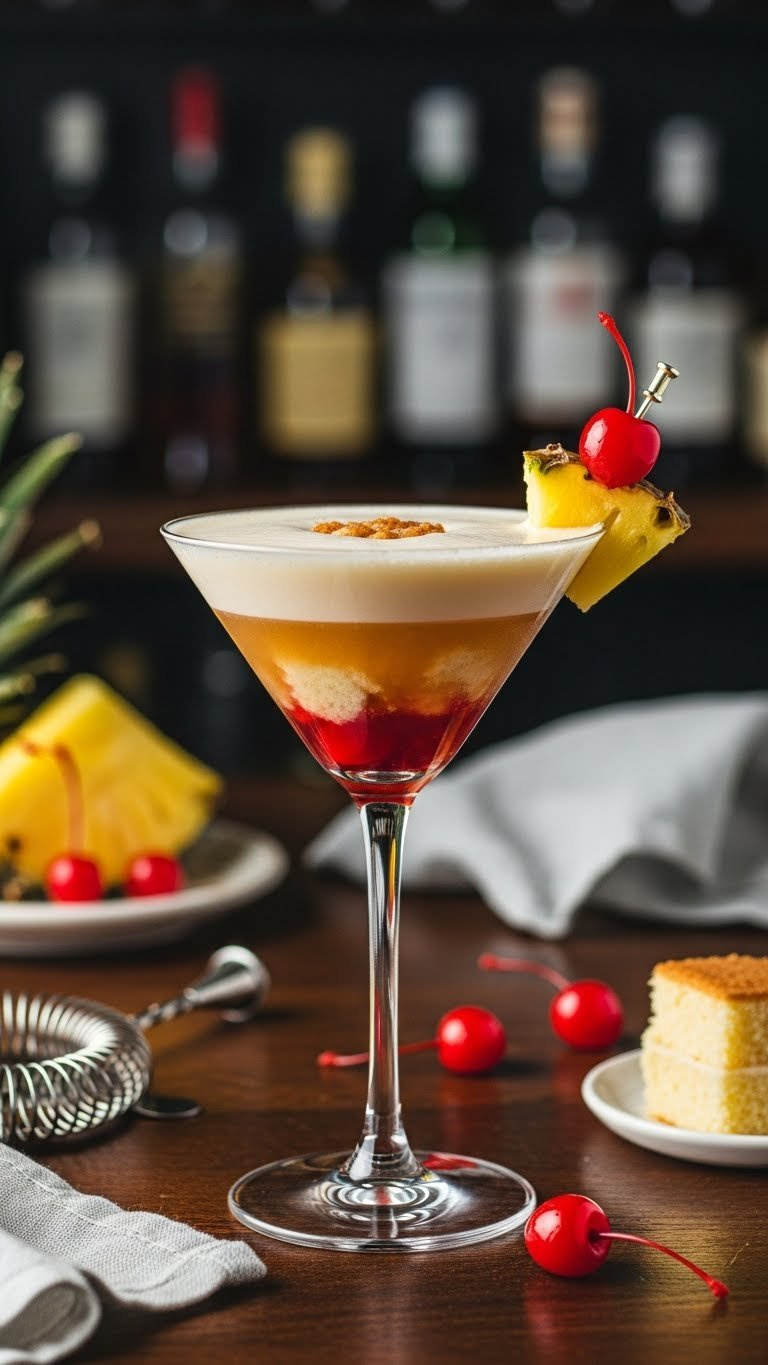Layered Pineapple Upside Down Cake Cocktail In Martini Glass With Cherry Garnish On Dark Wooden Bar Top In Home Bar Setting