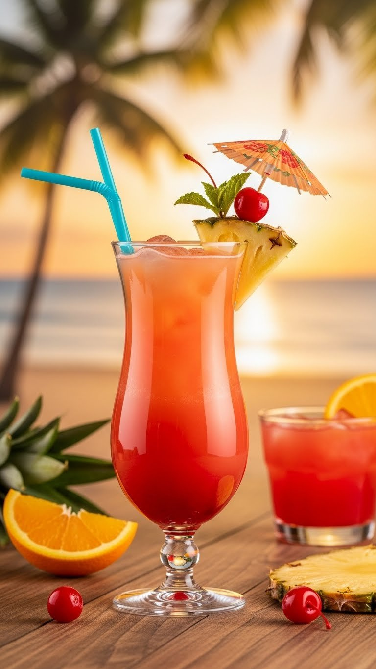 Layered Sex On The Beach Cocktail In Hurricane Glass With Tropical Garnish On Rustic Wooden Table.