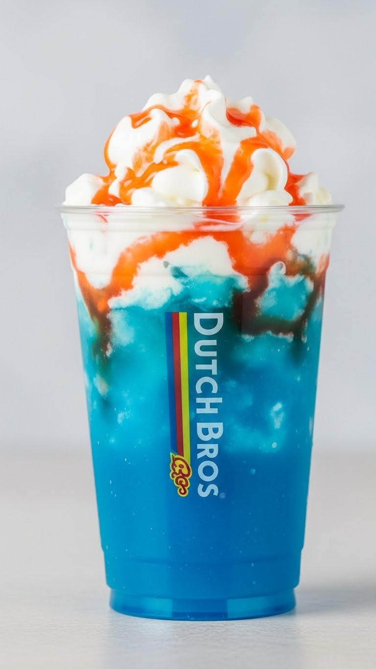 Layered Shark Attack Rebel With Striking Blue Base And Red Syrup Swirl In Clear Dutch Bros Cup