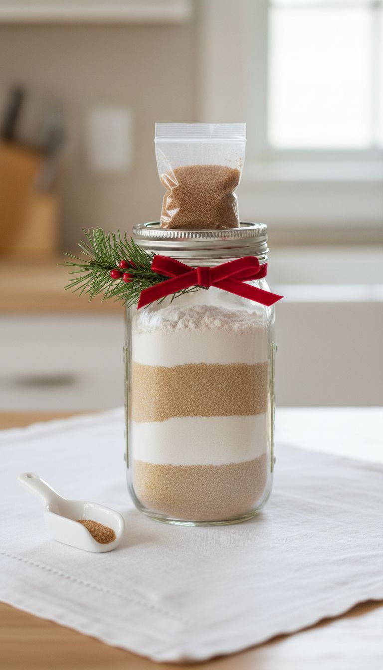 Layered Snickerdoodle Cookie Mix In A Mason Jar With Flour, Sugar, Cinnamon-Sugar Packet, Red Ribbon On White Linen.