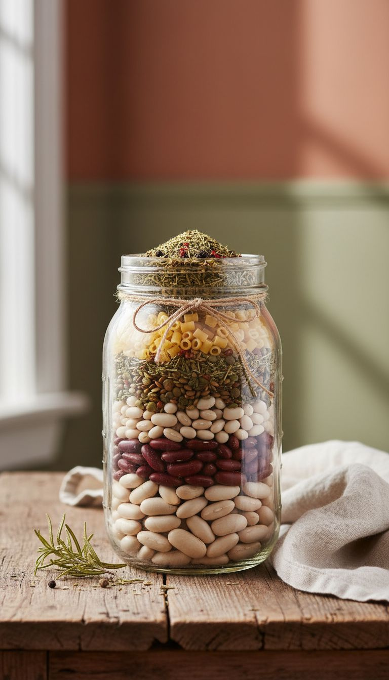 Layered Tuscan Bean Soup Mix In A Large Mason Jar With Beans, Lentils, Pasta, Herbs On A Rustic Table With Rosemary.