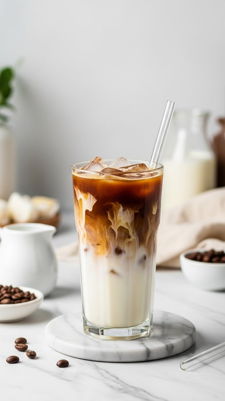 Layered Vanilla Iced Coffee Mocktail With Coffee, Milk, And Vanilla Syrup In Tall Glass On Marble Countertop