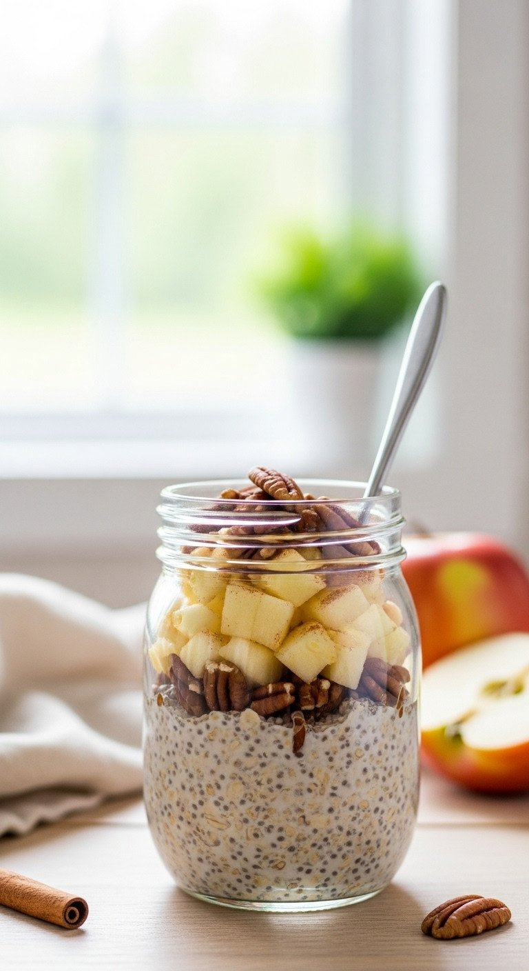 Layered Apple Pie Overnight Oats In A Clear Glass Jar, Showing Oats, Diced Apple, Pecans, And Cinnamon On A Light Wooden Table.
