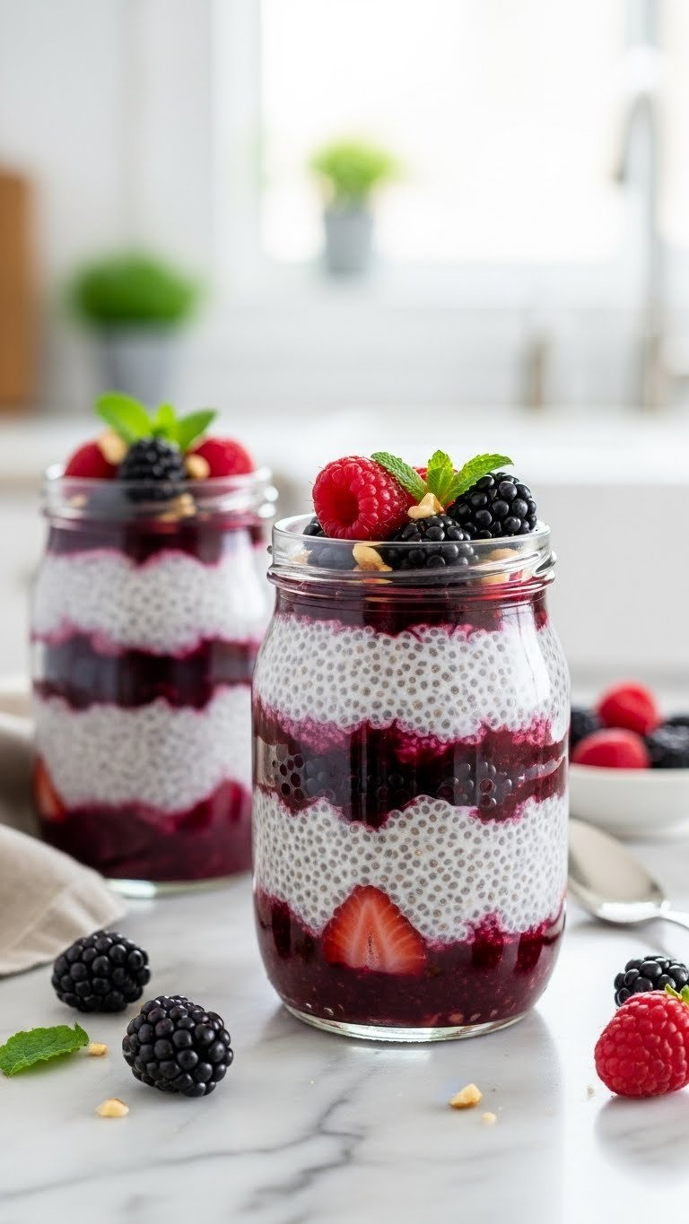 Layered Berry Chia Pudding Parfaits In Clear Glass Jars With Purple Compote Swirls And Fresh Berry Toppings On Marble Countertop