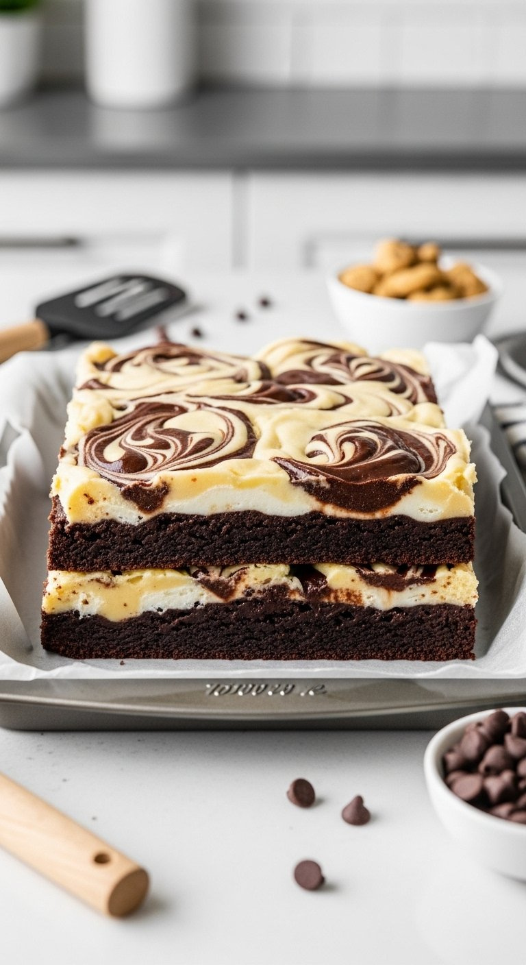 Layered Brownie And Cookie Batter Marbled Together In A Parchment-Lined Baking Pan.