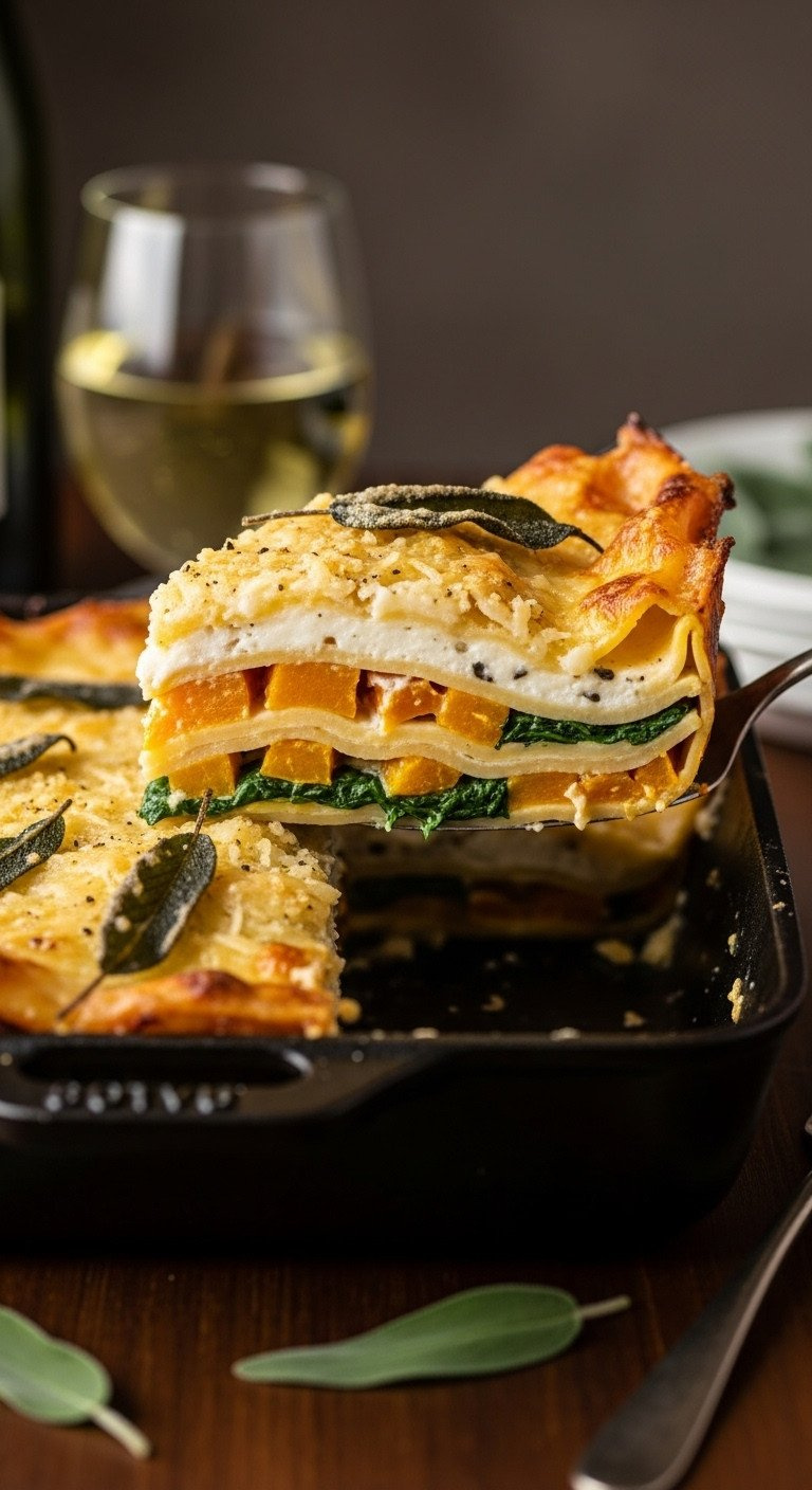 Layered Butternut Squash Lasagna With Béchamel, Spinach, And Golden Cheese Crust, Topped With Fried Sage Leaves.