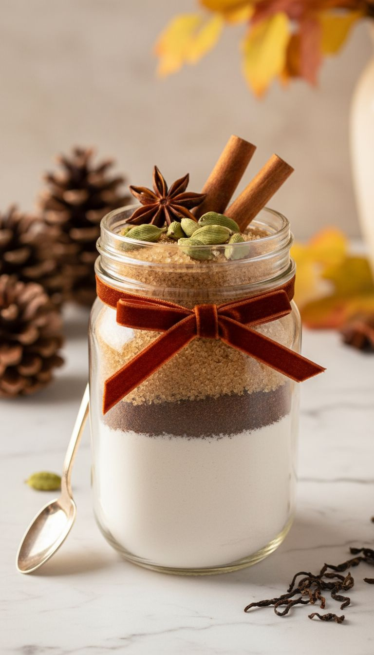Layered Chai Tea Latte Mix In A Mason Jar With Powdered Milk, Tea, Brown Sugar, Whole Spices On Marble.