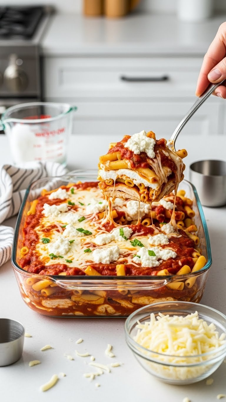 Layered Chicken Baked Ziti Ingredients In Glass Casserole Dish Showing Pasta, Ricotta, And Sauce Layers