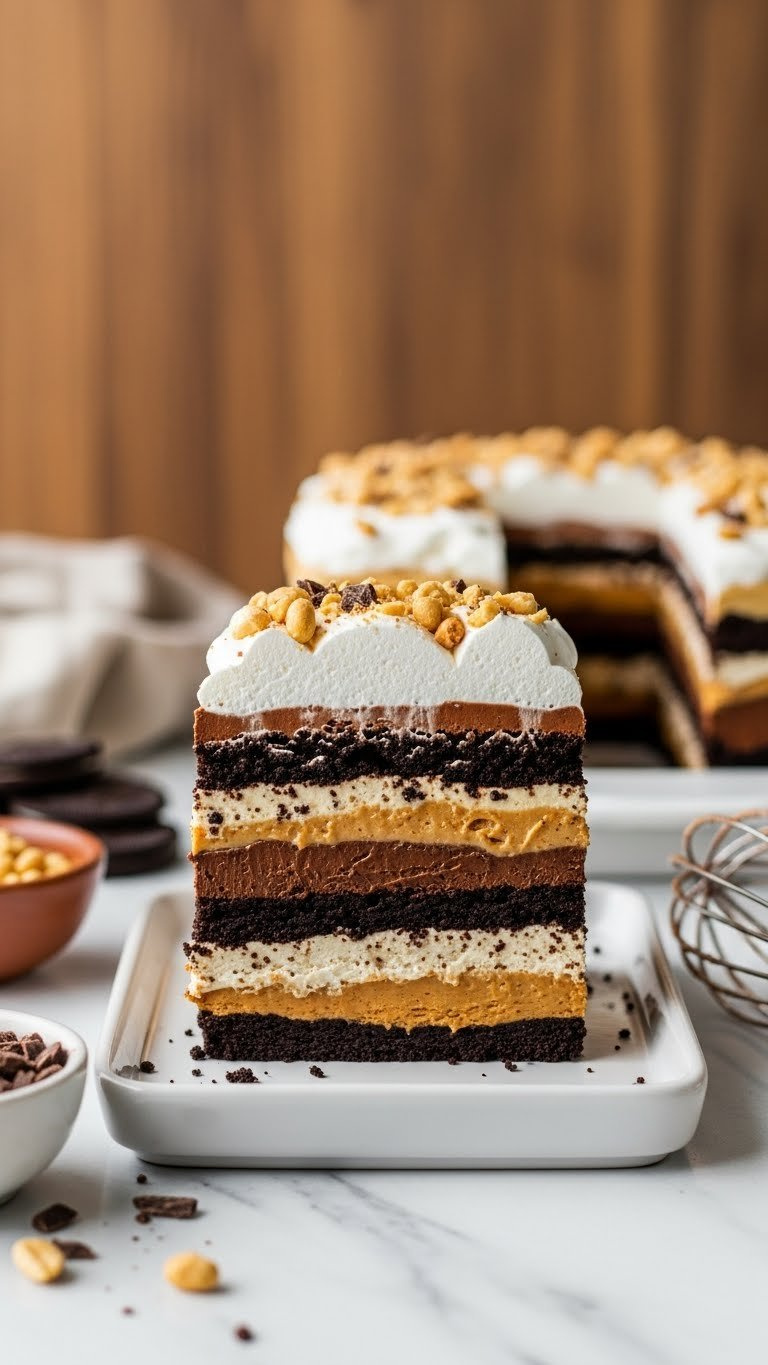 Layered Chocolate Peanut Butter Lasagna Slice, Showing Dark Cookie Crust, Creamy Peanut Butter, Chocolate Pudding, Whipped Cream, Peanuts. Dessert.