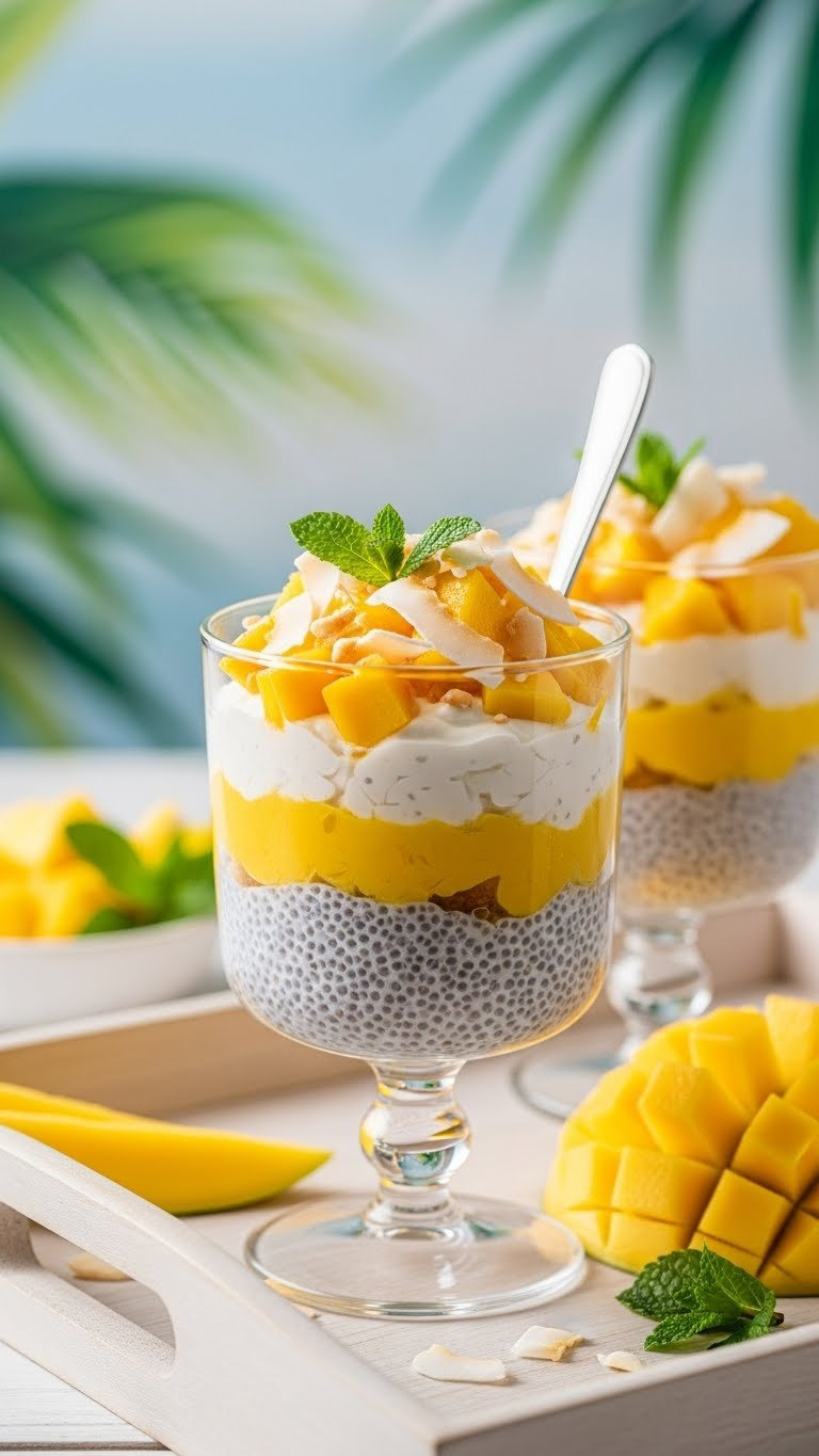 Layered Coconut Mango Chia Pudding Parfait In Clear Glass With Fresh Mango Cubes And Toasted Coconut.