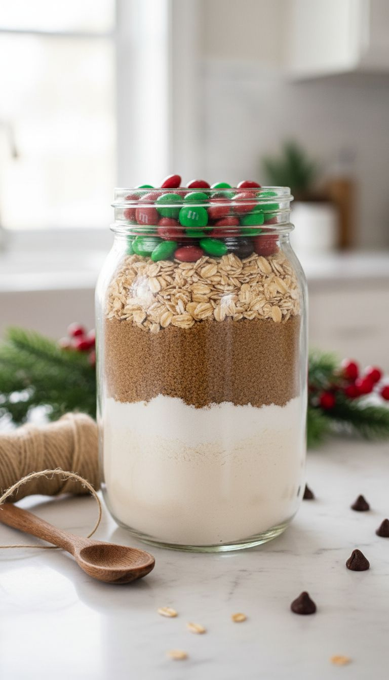 Layered Cookie Mix In A Half-Gallon Mason Jar With Flour, Sugars, Oats, And Festive Red/Green M&Amp;Ms On A Marble Counter.