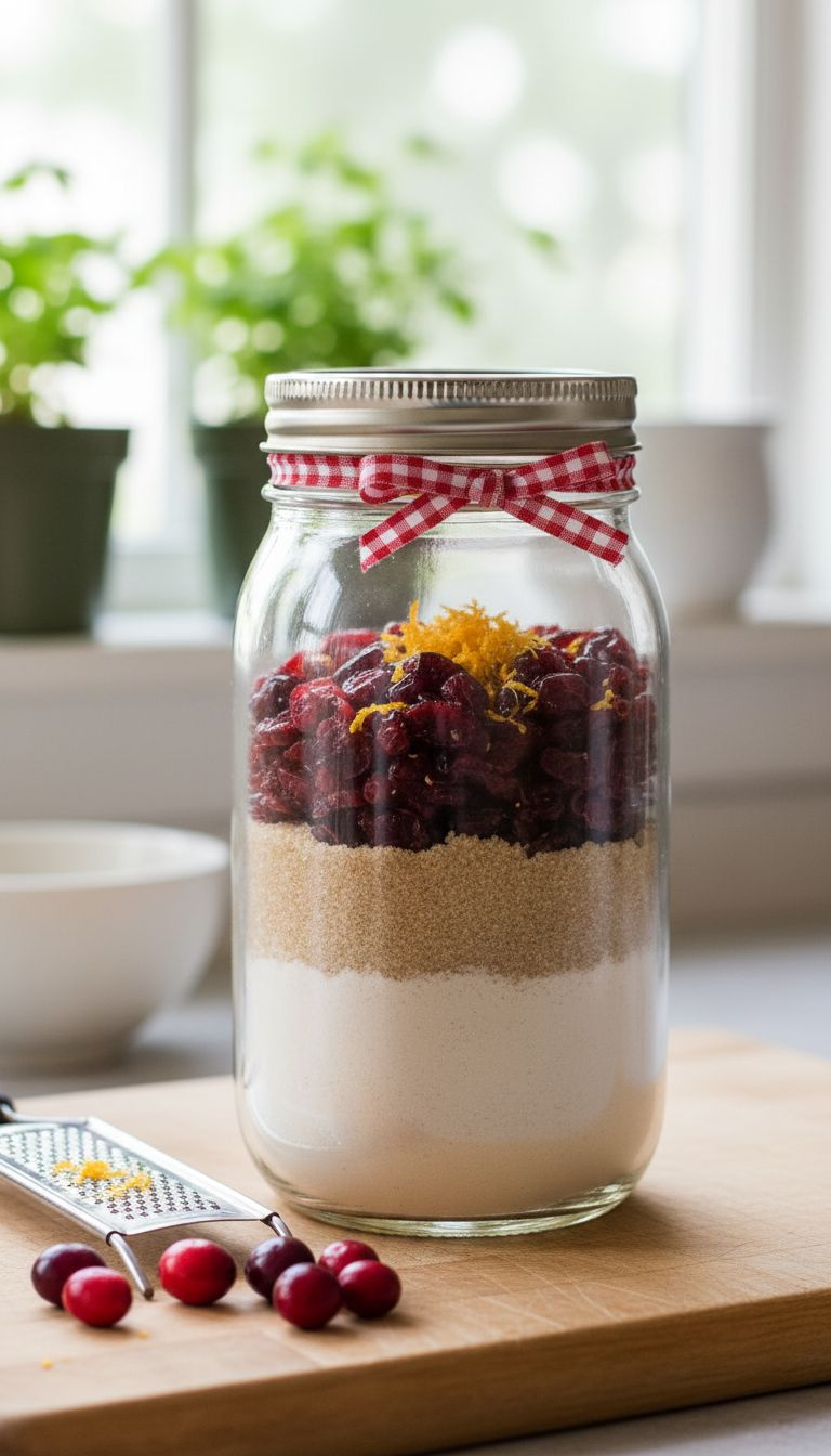Layered Cranberry Orange Muffin Mix In A Mason Jar With Flour, Sugar, Dried Cranberries, Orange Zest On A Cutting Board.