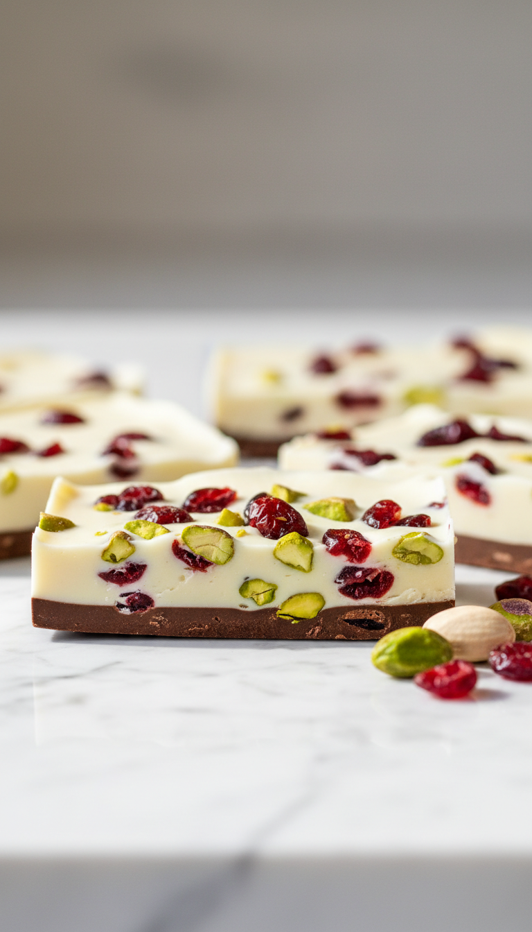 Layered Cranberry White Chocolate Bark With Dark Chocolate Base, Dried Cranberries &Amp; Green Pistachios On Marble Surface.