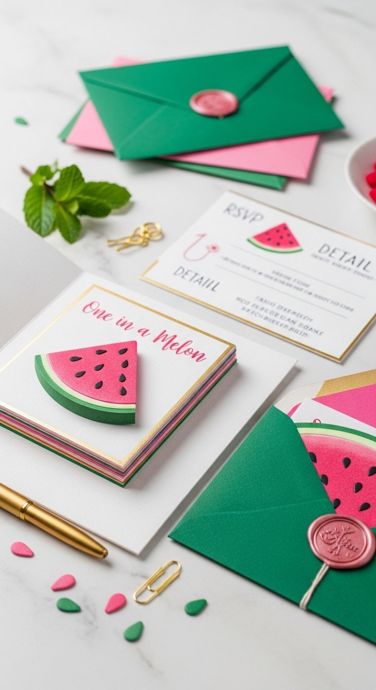 Layered Die-Cut Watermelon Slice Invitation With Gold Foil Edge Nestled In Pink Envelope On Marble Countertop.