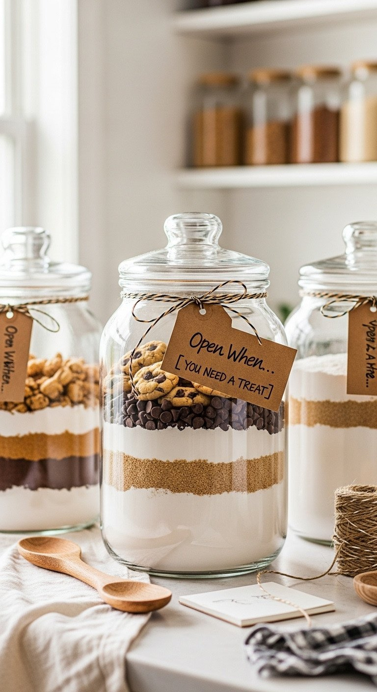 Layered Dry Cookie Ingredients In Mason Jars With Charming Tags, Wooden Spoon On A Kitchen Counter. Homemade Gifts.