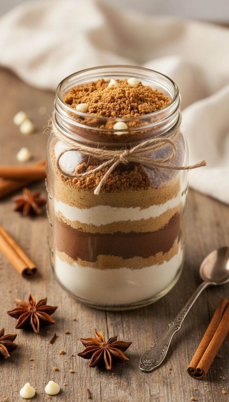 Layered Gingerbread Brownie Mix In A Mason Jar With Cocoa, Spices, White Chocolate Chips On Rustic Wood With Star Anise.