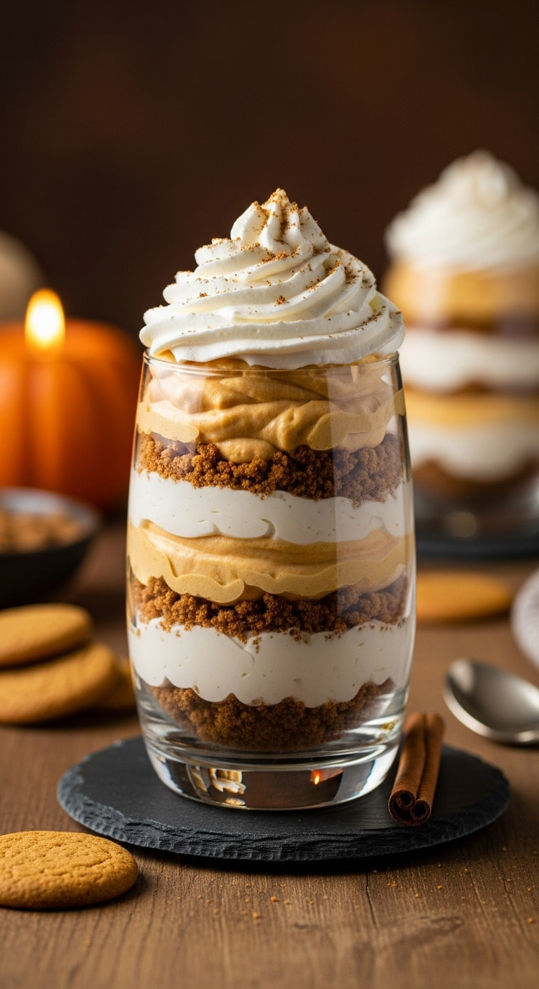 Layered Gingersnap Pumpkin Parfait In An Elegant Glass With Cookies, Pumpkin Mousse, Whipped Cream, And Nutmeg.