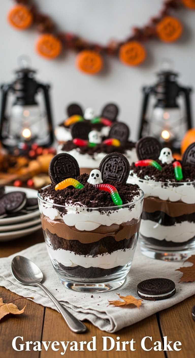Layered Graveyard Dirt Cake With Tombstones &Amp; Worms In Glass Bowl. Rustic Wood, Blurred Garland. Spooky Halloween Dessert.