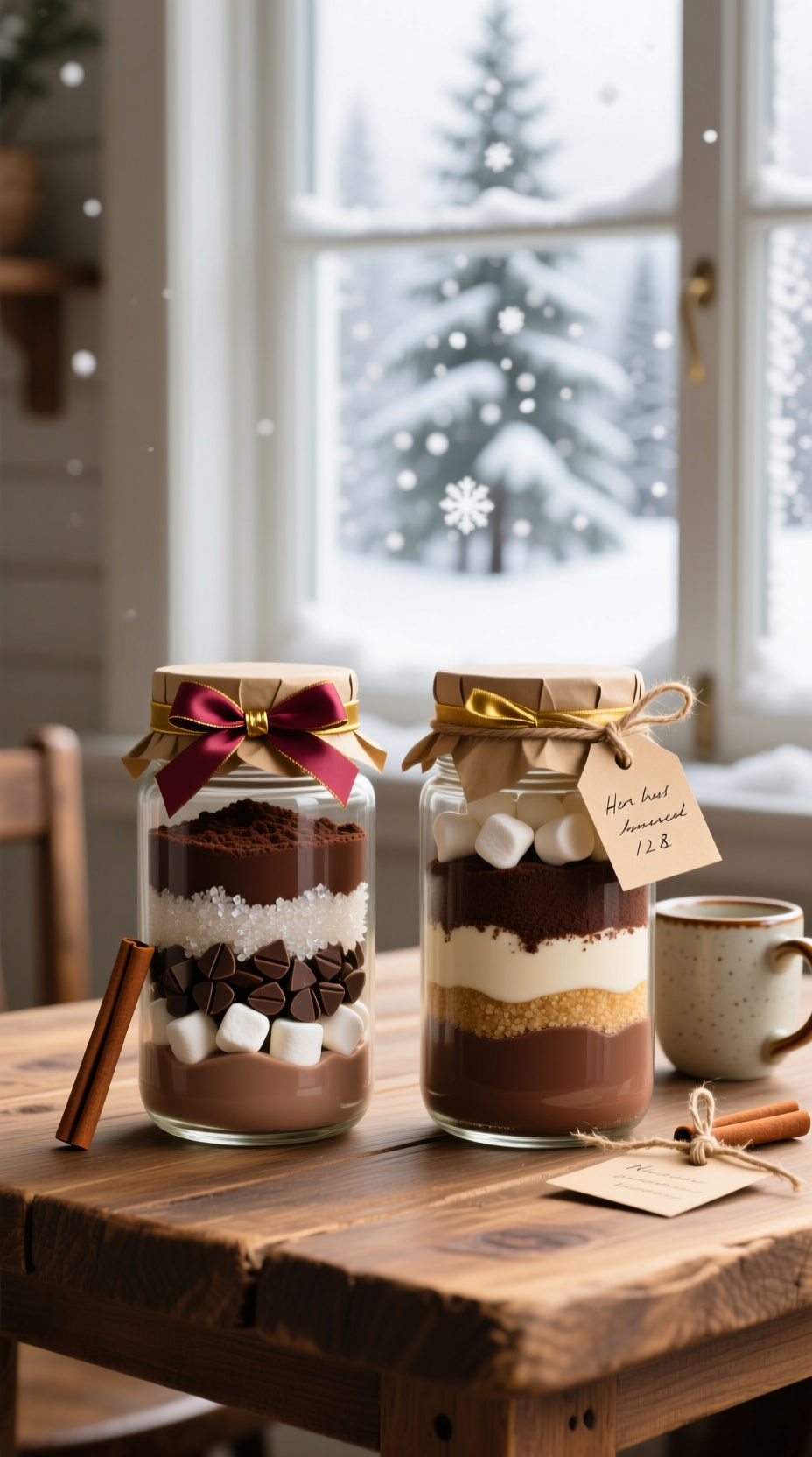 Layered Hot Chocolate Mix Jars With Cocoa, Sugar, Chocolate Chips, Marshmallows Visible, On Rustic Wood Table By Snowy Window.
