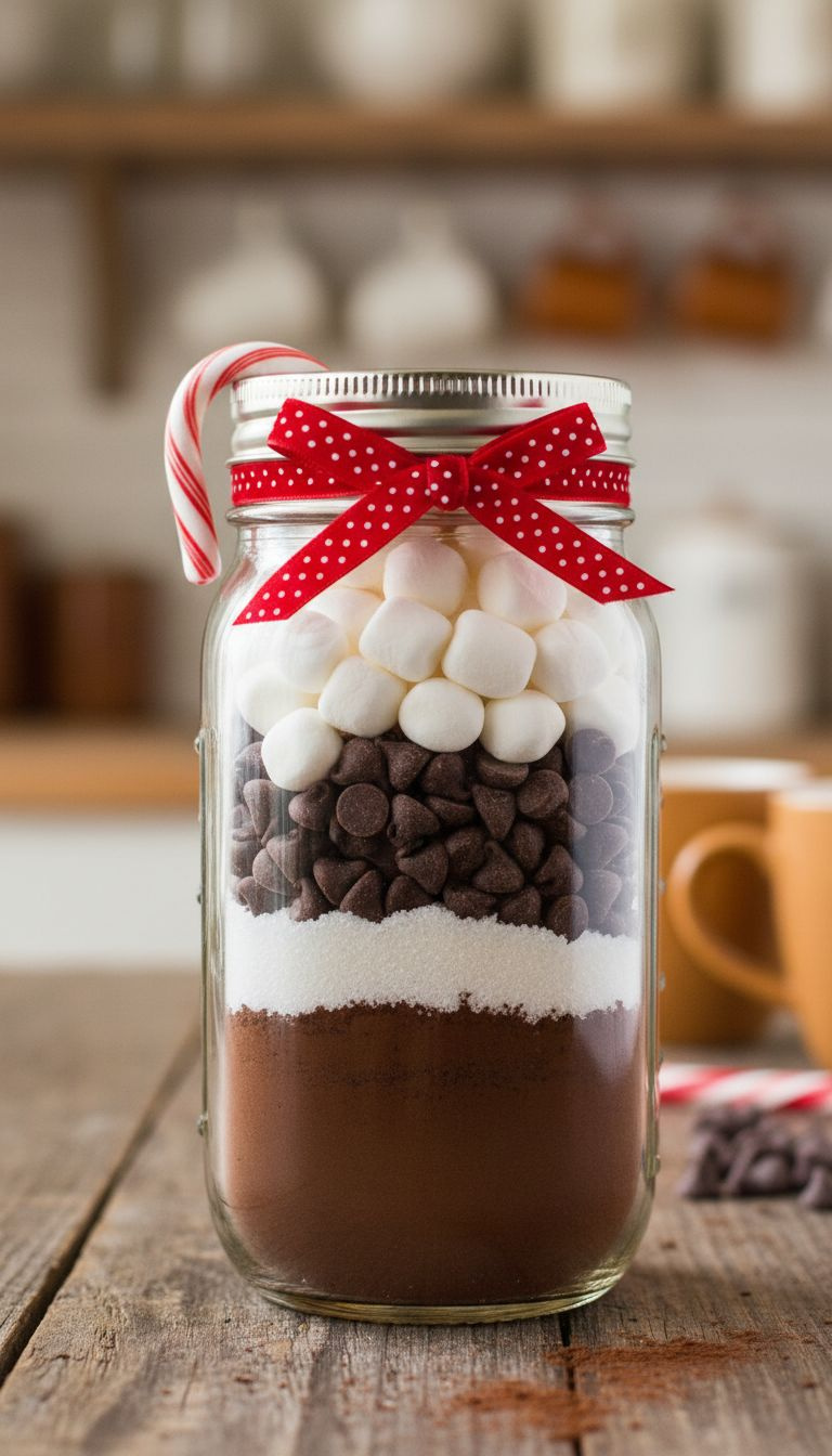 Layered Hot Cocoa Mix In A Mason Jar With Marshmallows, Chocolate Chips, Sugar, And Cocoa, Tied With A Festive Ribbon On A Rustic Table.