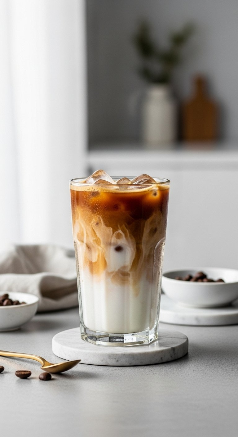 Layered Iced Latte In A Clear Glass Showing Espresso Milk And Foam On A Polished Concrete Surface.