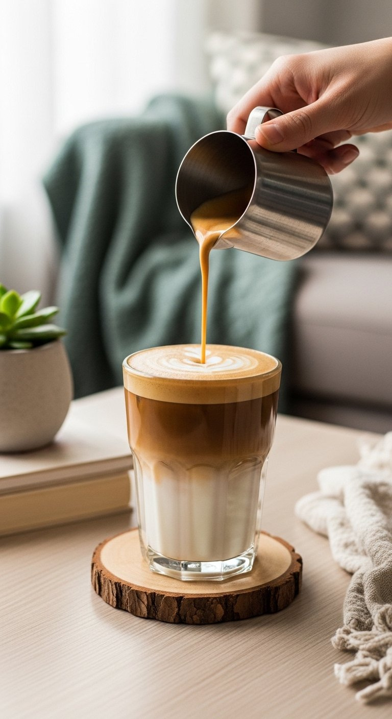 Layered Iced Latte With Espresso And Frothed Milk Served On A Rustic Wooden Coaster.