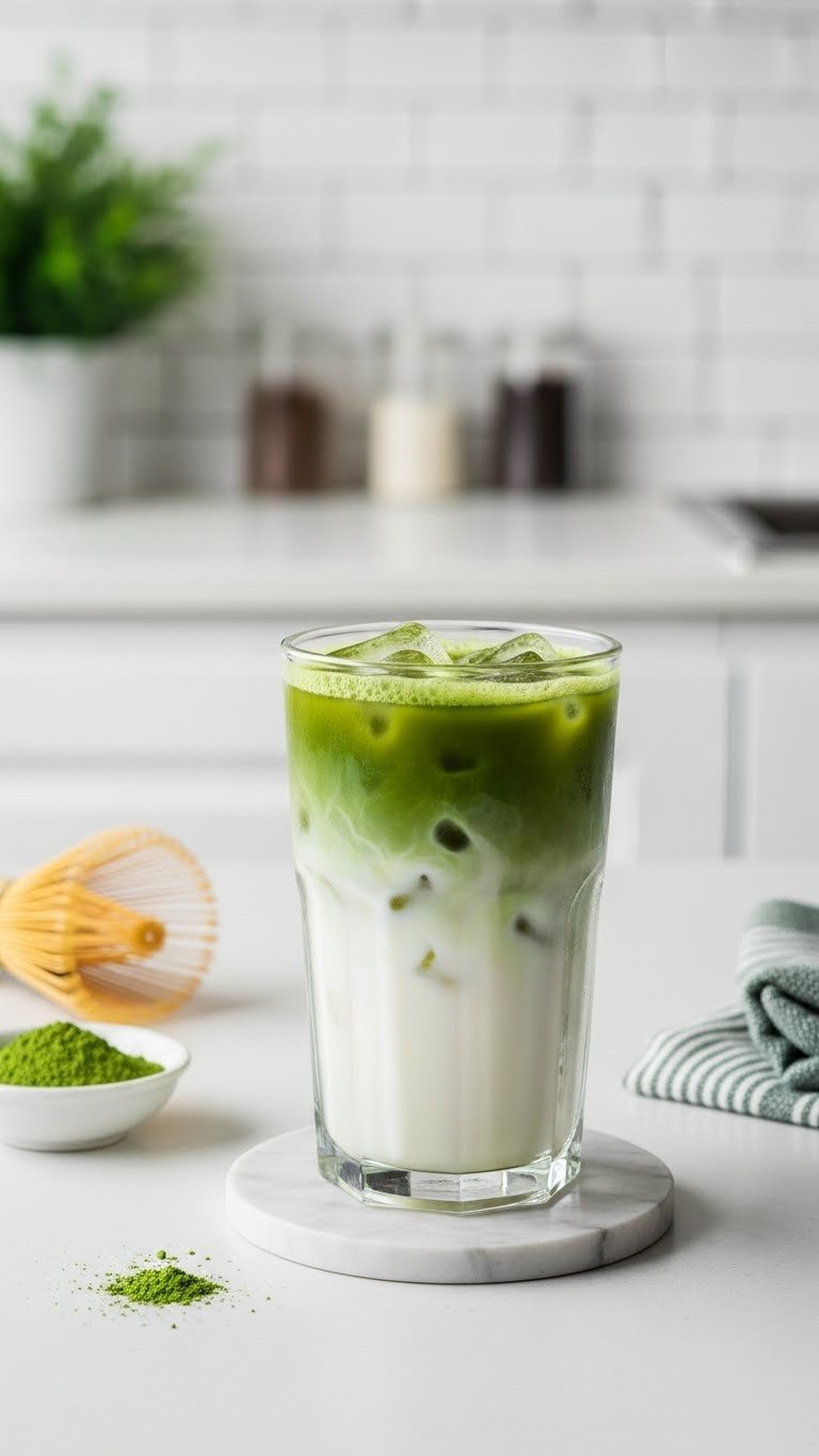 Layered Iced Matcha Latte In Clear Glass With Vibrant Green And White Layers On Minimalist Coaster
