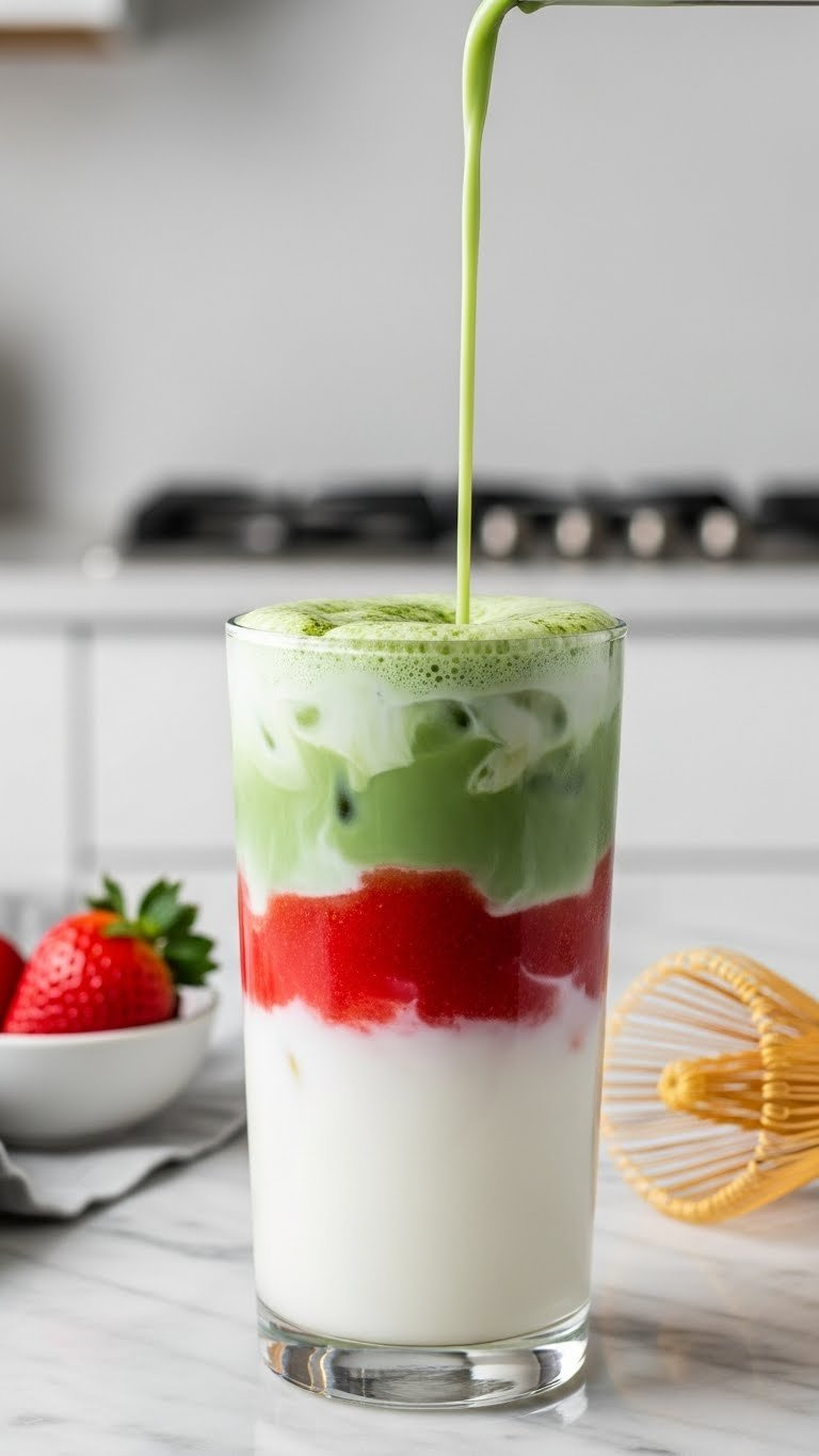 Layered Iced Strawberry Matcha Latte In Clear Glass With Creamy Milk, Strawberry Puree, And Frothy Matcha Layers On Marble Countertop
