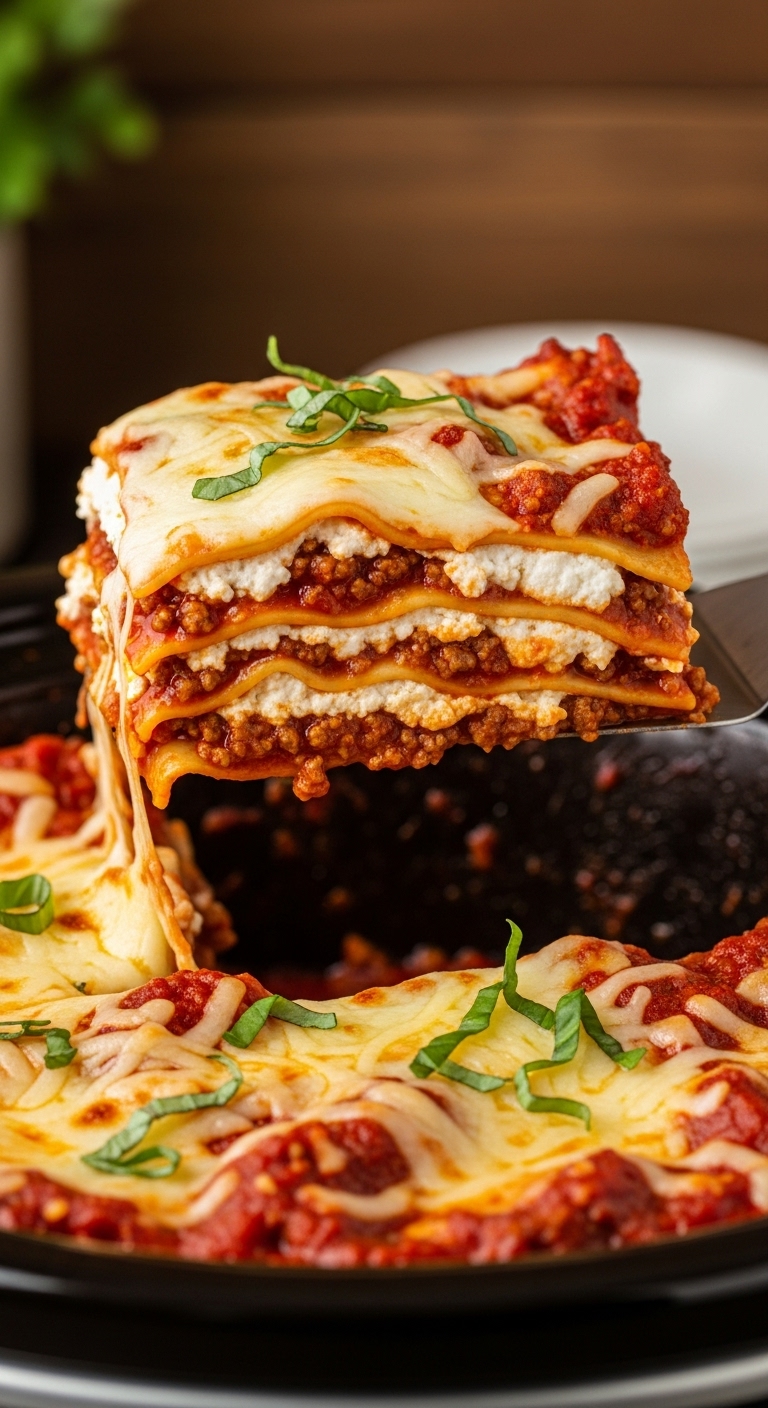 Layered Lasagna Slice Being Lifted From Slow Cooker With Noodles, Meat Sauce, Ricotta, Mozzarella And Fresh Basil