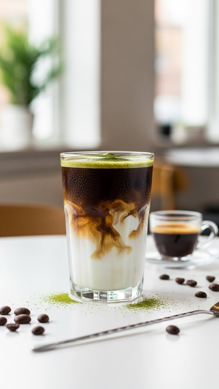 Layered Matcha Espresso Fusion In Clear Glass Showing Espresso, Milk, And Matcha Layers On Minimalist White Table