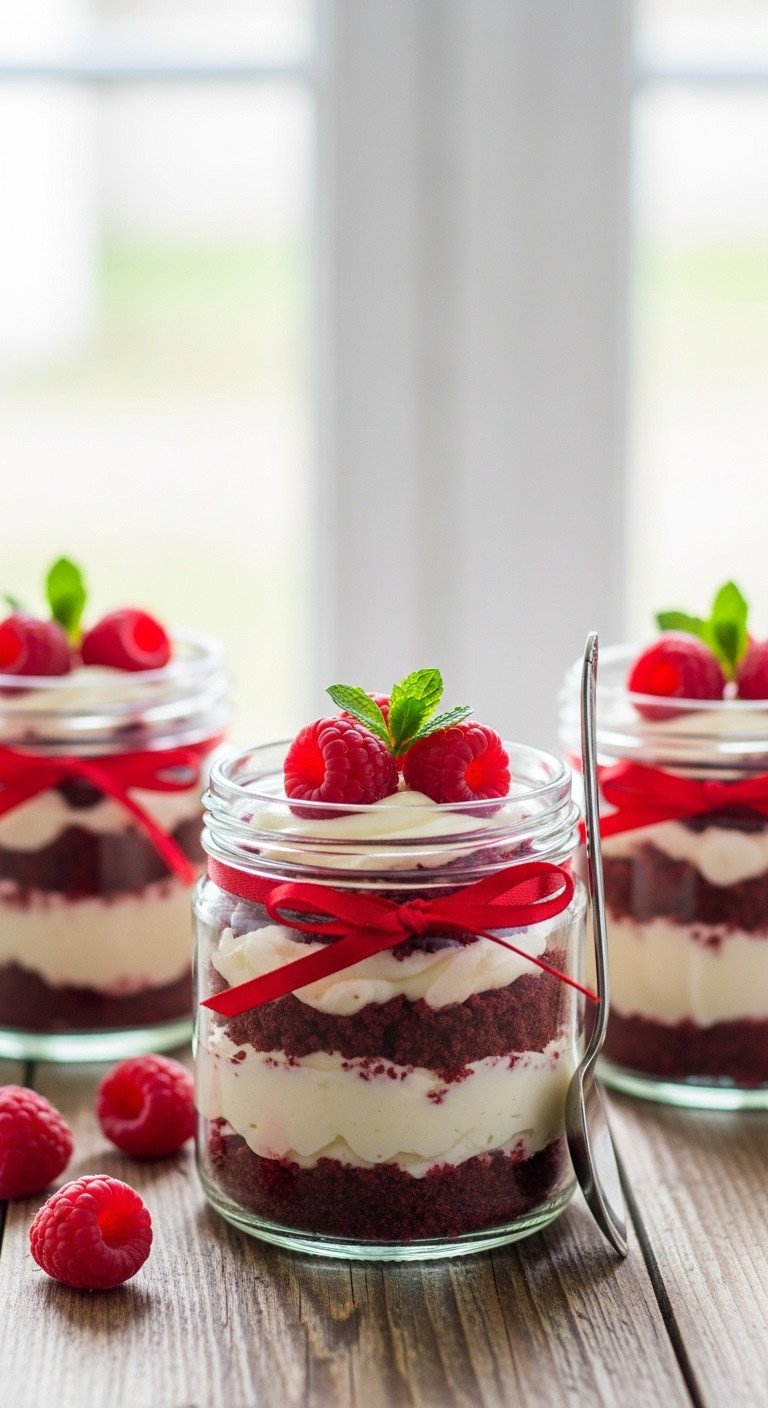 Layered Mini Red Velvet Cheesecakes In Mason Jars With Cream Cheese Frosting, Berries, And Red Ribbon.