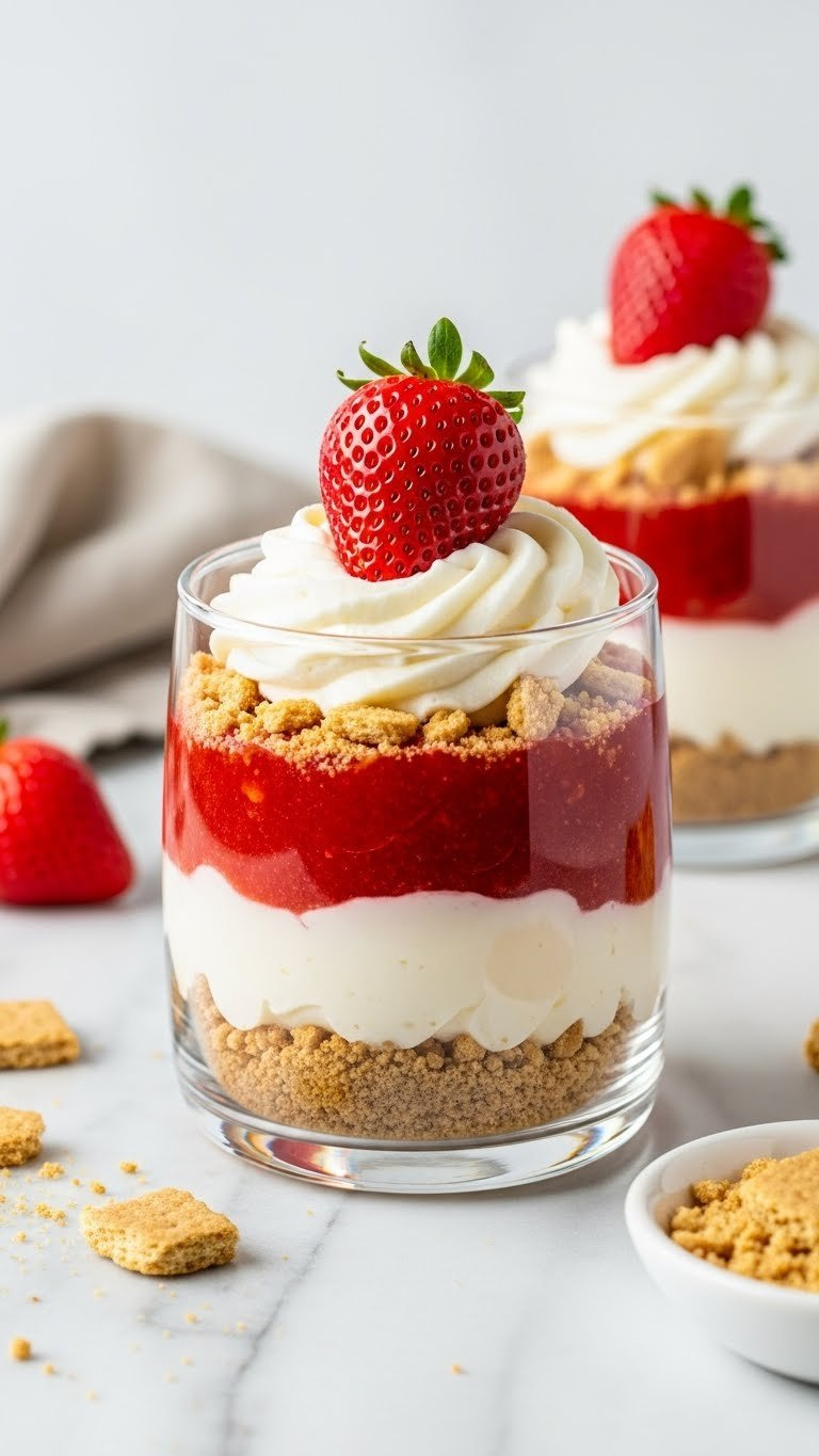 Layered No-Bake Strawberry Cheesecake Parfaits With Fresh Strawberries, Graham Crackers, On A Marble Counter, Soft Window Light.