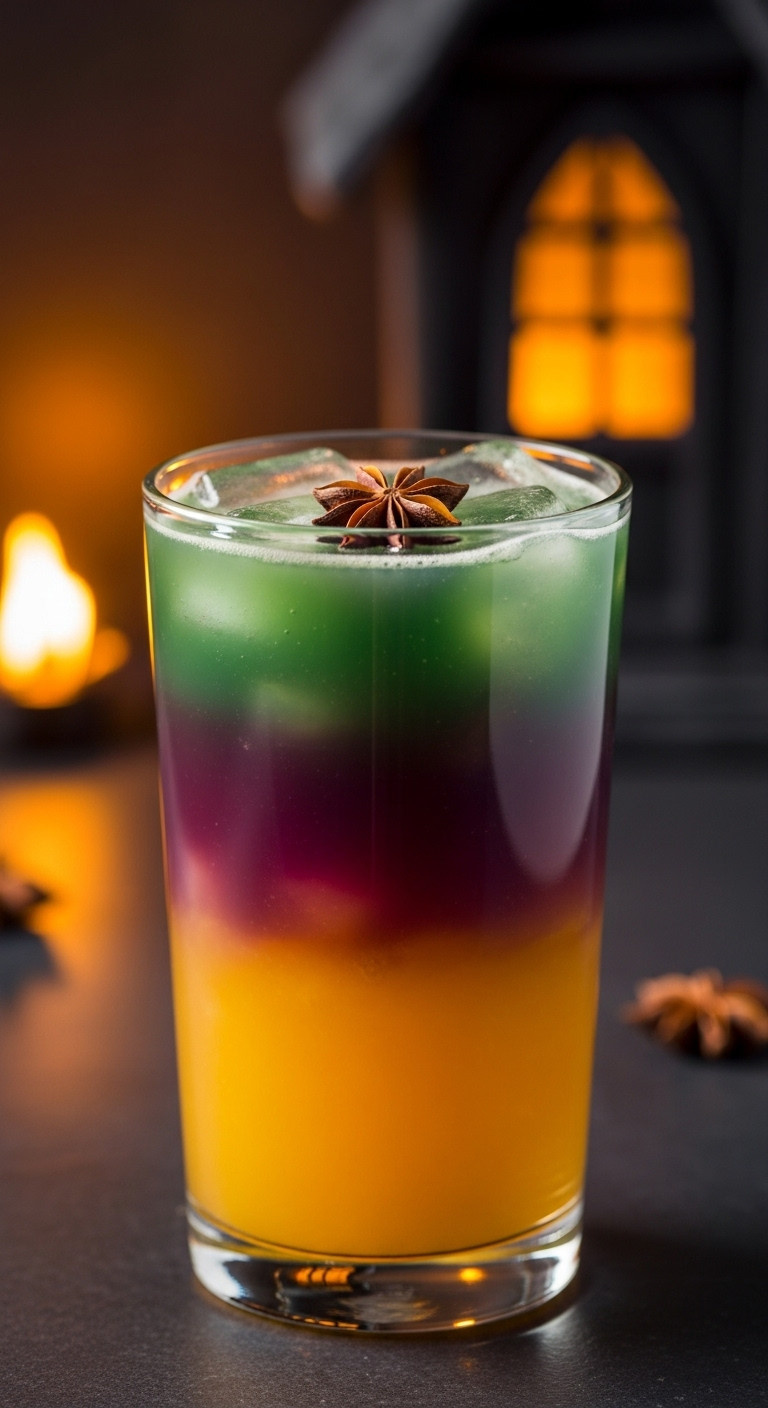 Layered Orange Purple And Green Hocus Pocus Punch Loaded Tea In A Tall Clear Glass With Star Anise Floating On Top