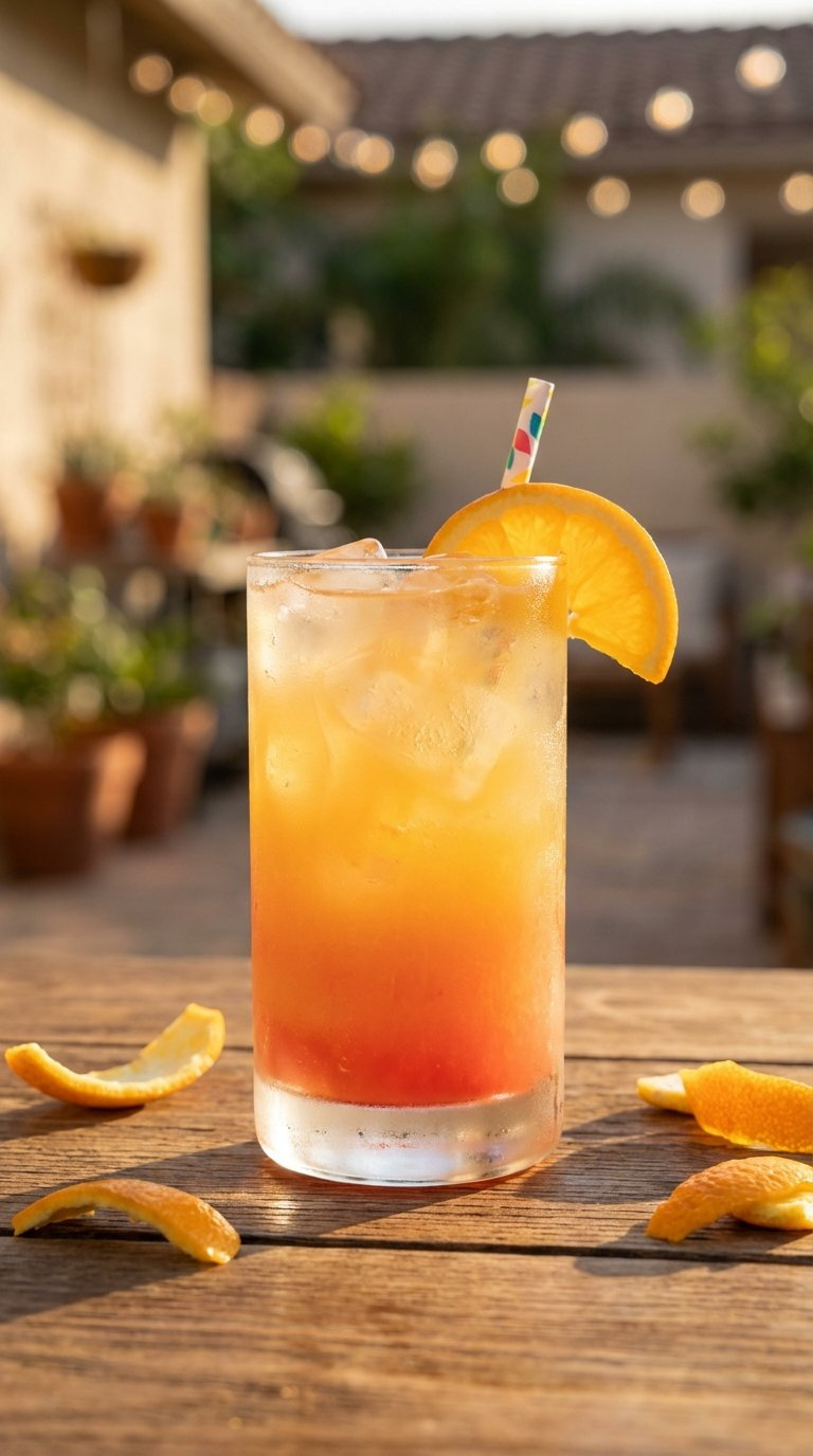 Layered Orange Yellow Red Citrus Drink In Frosted Glass With Ice Cubes And Orange Slice On Rustic Wooden Table