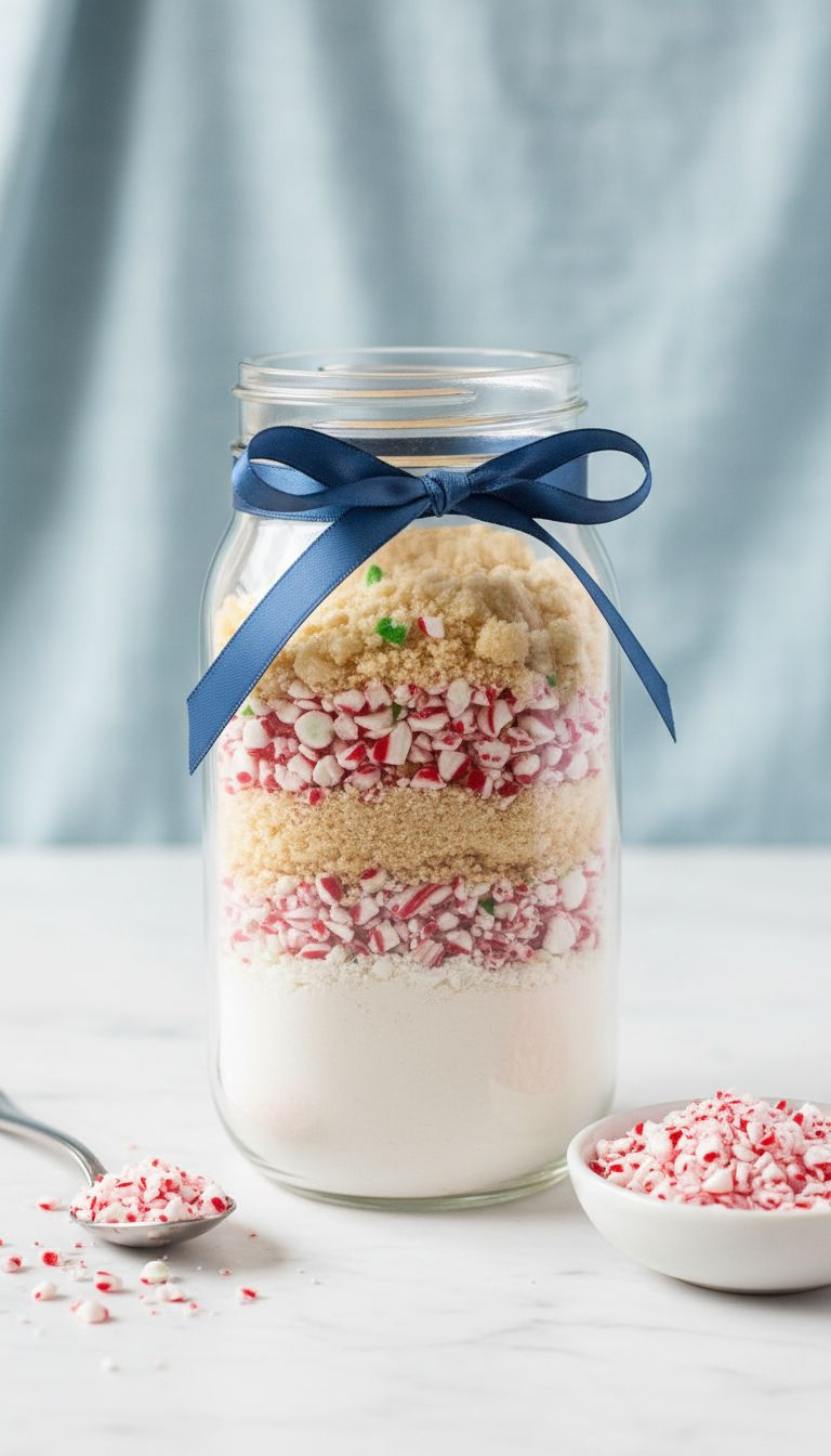 Layered Peppermint Bark Mix In An Elegant Mason Jar With White Chocolate, Crushed Peppermint, And Wafers On Marble.
