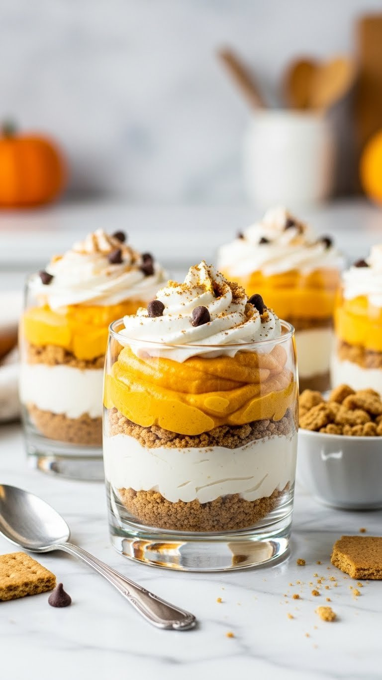 Layered Pumpkin Cheesecake Parfaits In Clear Glasses With Whipped Cream Topping