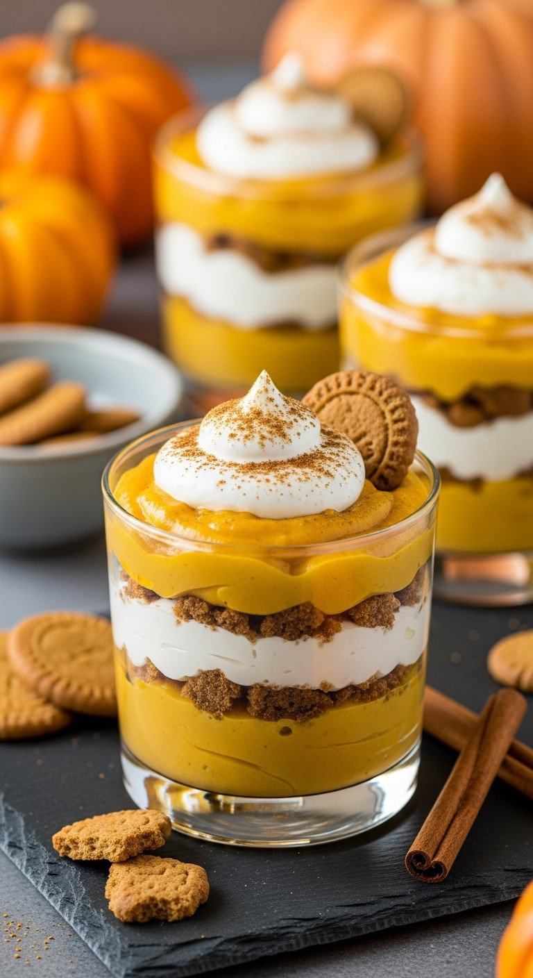 Layered Pumpkin Pudding Parfait With Whipped Cream, Ginger Snaps, And Cinnamon In A Glass, On A Fall Tablescape.