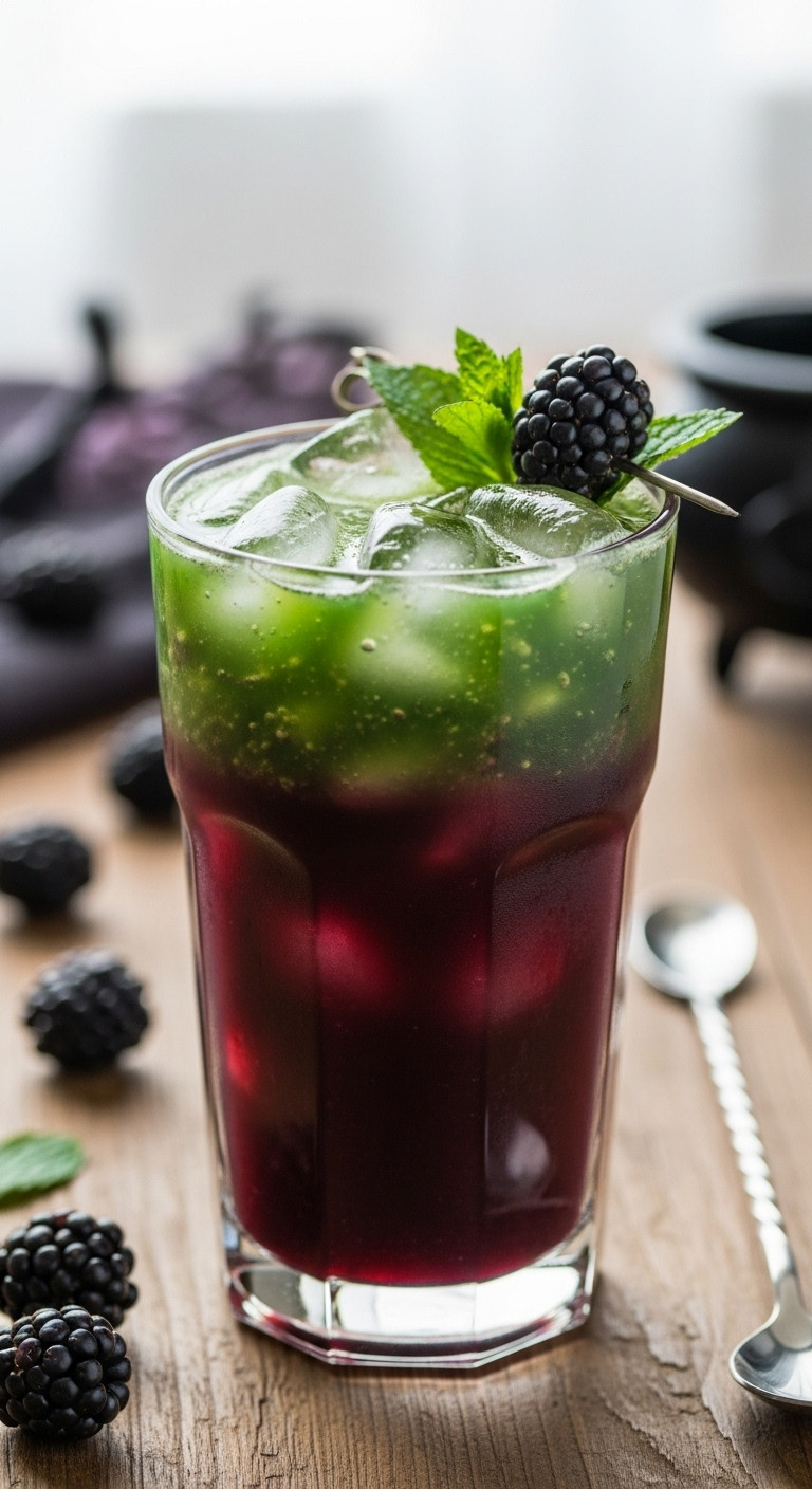 Layered Purple And Green Witches Brew Elixir In A Tall Glass With Blackberry And Mint Garnish On A Rustic Table With A Cauldron
