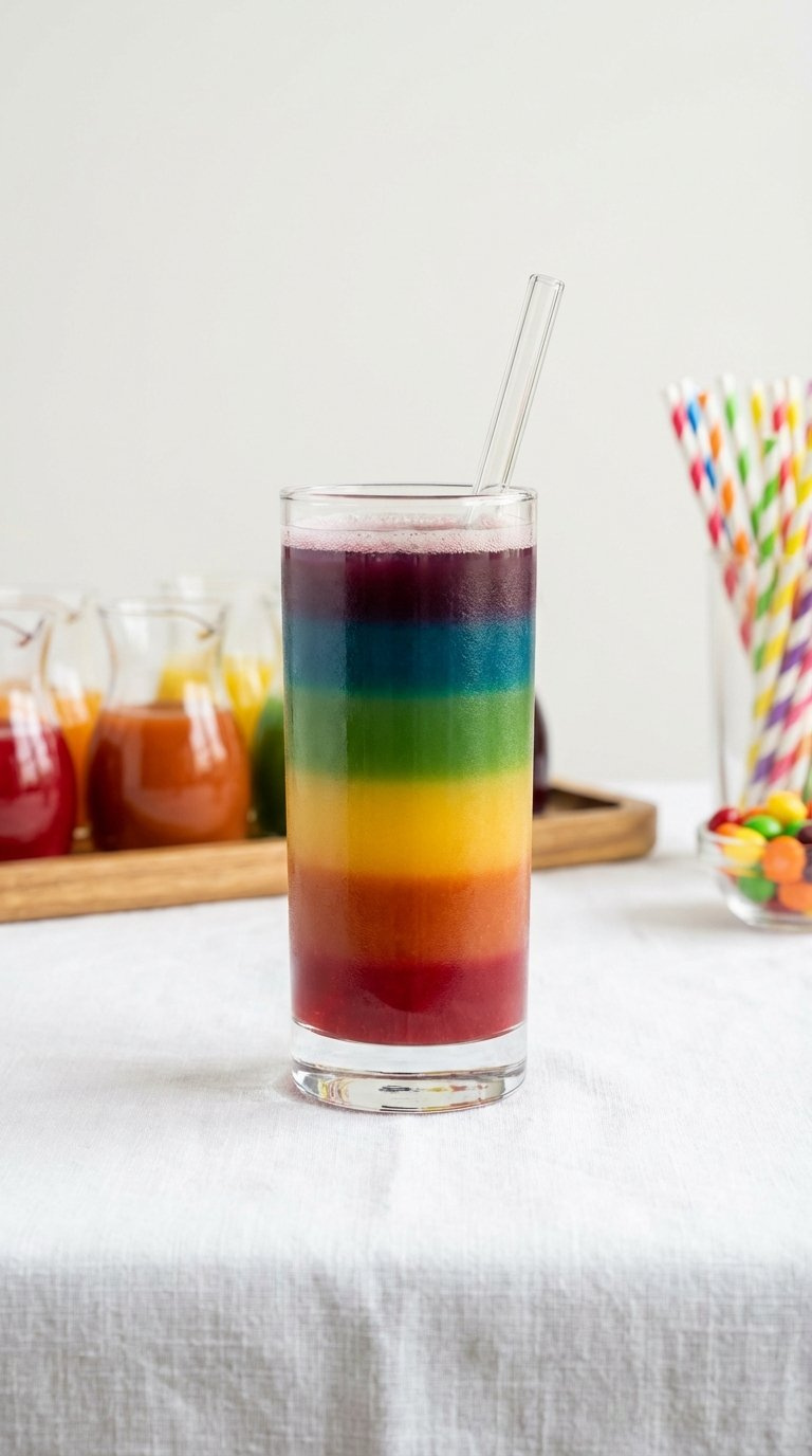 Layered Rainbow Mocktail With Distinct Colorful Juice Layers In Tall Glass On White Linen Tablecloth