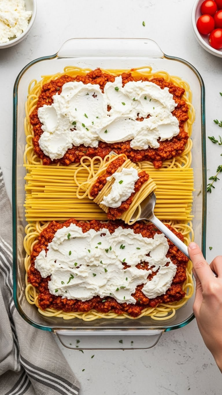 Layered Spaghetti Casserole In Glass Baking Dish Showing Meat Sauce, Pasta, And Creamy Cheese Layers