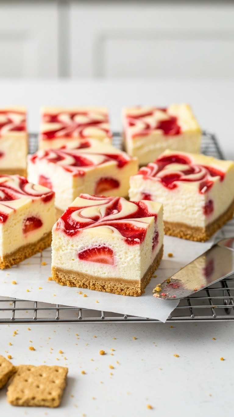 Layered Strawberry Cheesecake Bars With Graham Cracker Crust, Thick Cream Cheese Filling, And Strawberry Compote Swirl.