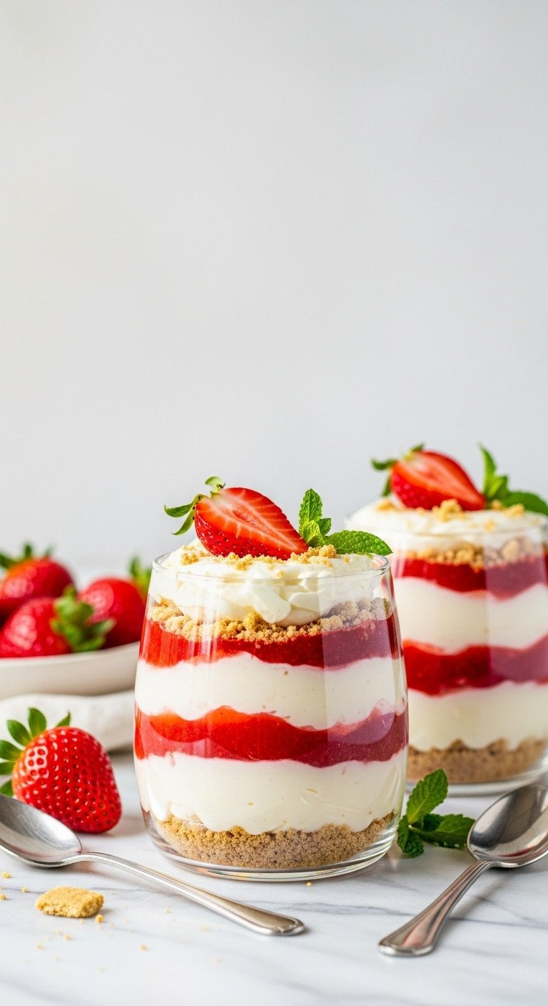 Layered Strawberry Cheesecake Parfaits With Red Compote, Creamy Filling, Graham Crumbs. Fresh Strawberries, Mint On Marble. Bright Dessert.