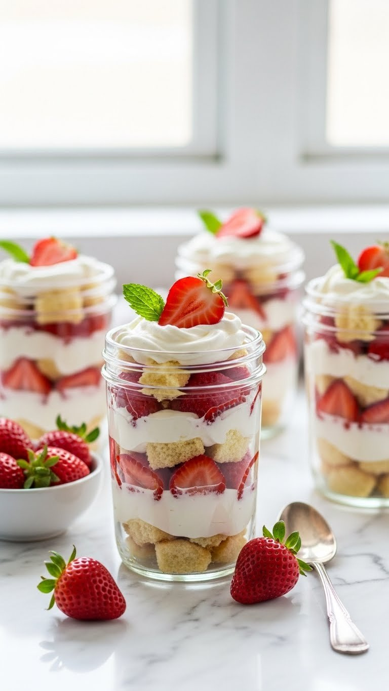 Layered Strawberry Shortcake Trifles In Glass Cups With Whipped Cream And Fresh Berries On White Marble Countertop In Bright Daylight