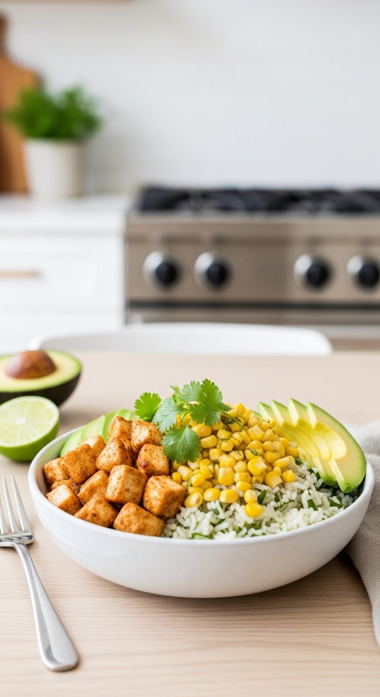 Layered Street Corn Chicken Bowl With Cilantro Lime Rice, Honey Lime Chicken, And Fresh Avocado Slices.
