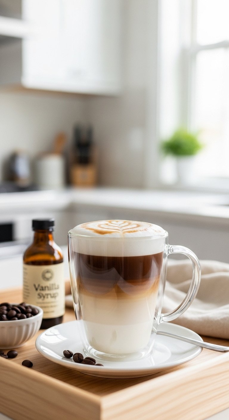 Layered Vanilla Latte With Frothed Milk And Vanilla Syrup Drizzle In A Clear Glass Mug.