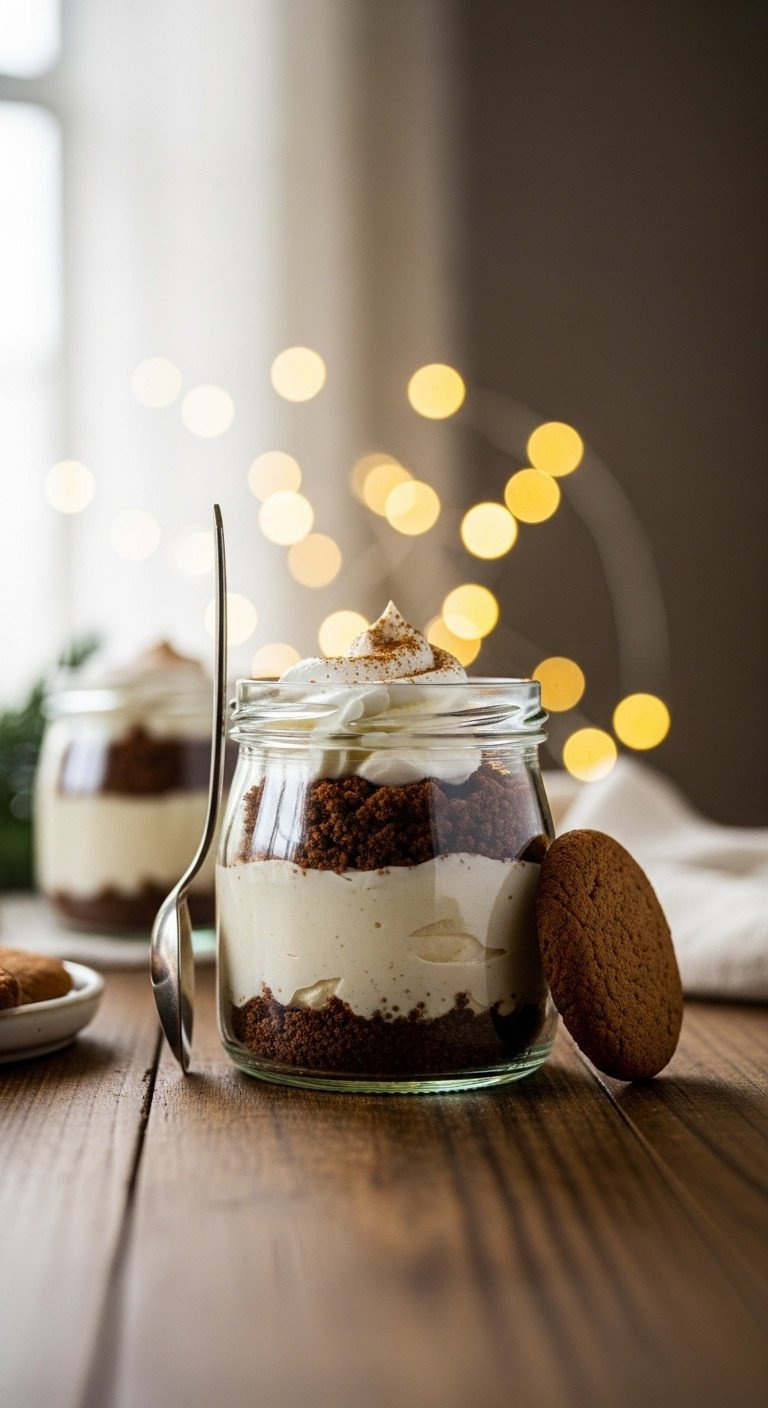 Layered Vegan Gingerbread Cheesecake In A Glass Jar With A Cookie Crust And Whipped Cream, Set On A Rustic Wooden Table.