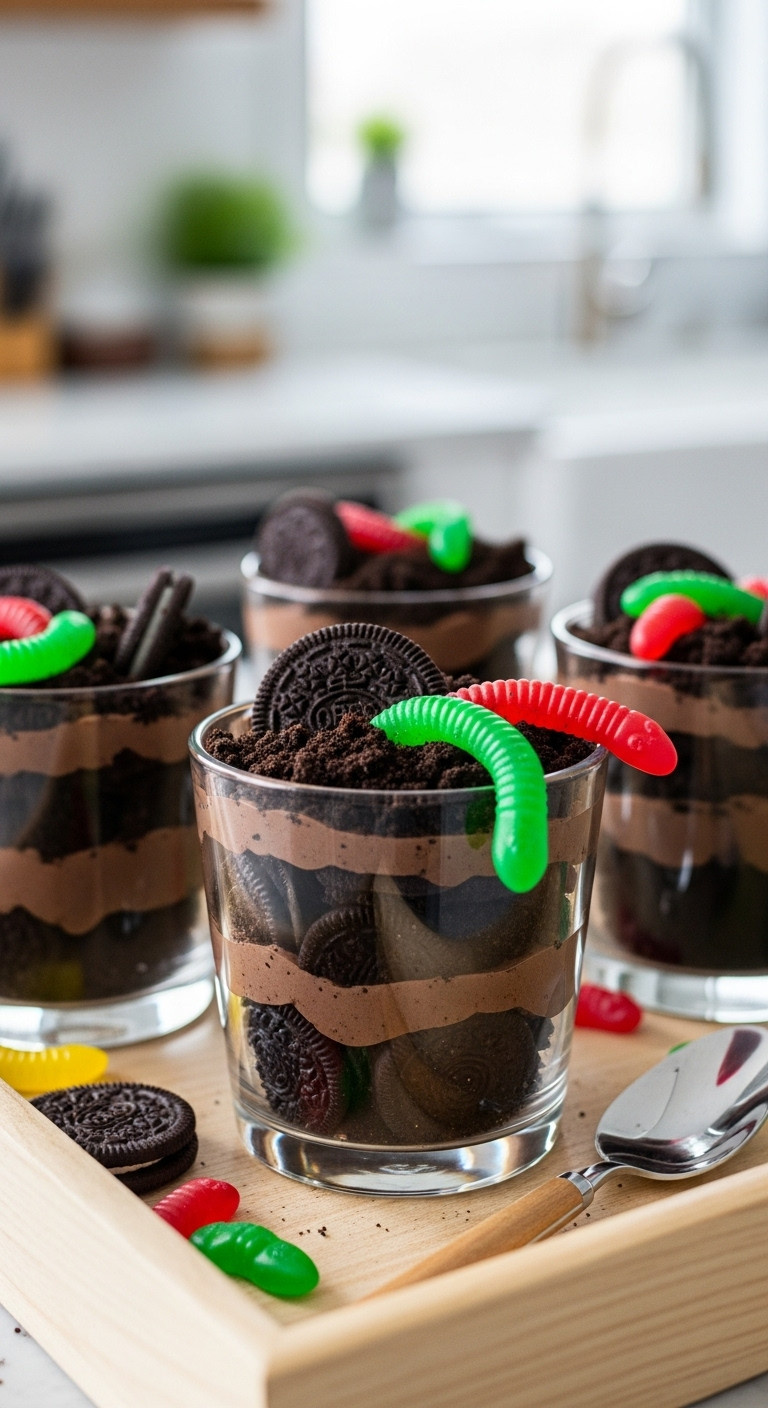 Layered Vegan Worms In Dirt Parfaits With Chocolate Pudding, Crushed Cookies, And Gummy Worms In Clear Cups.