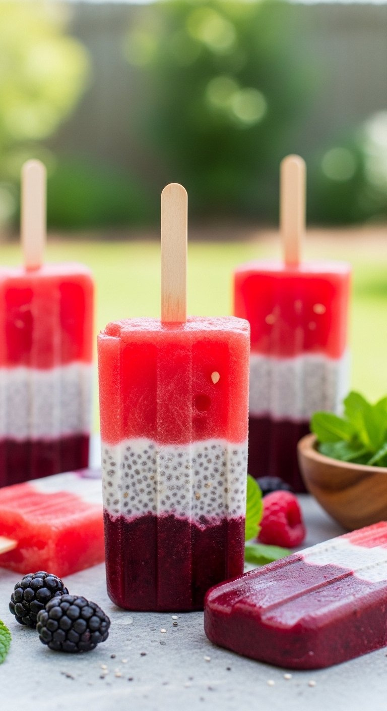 Layered Watermelon And Berry Popsicles With Chia Seeds And Creamy White Filling On Wooden Sticks.