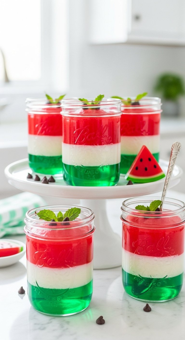 Layered Watermelon Jello Jars In Red, White, And Green With Mint On A Marble Counter.